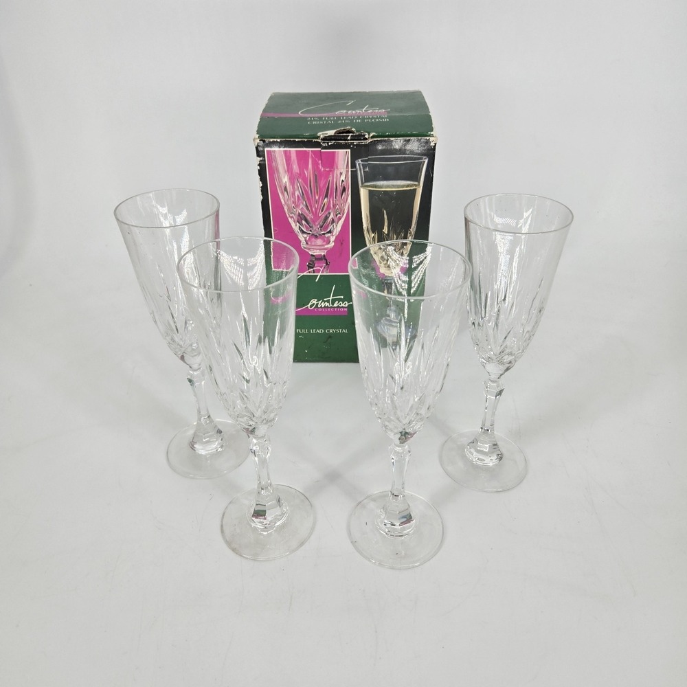 Countess Collection 24% Full Lead Crystal Champagne Flutes Set 4 Boxed VTG 1986